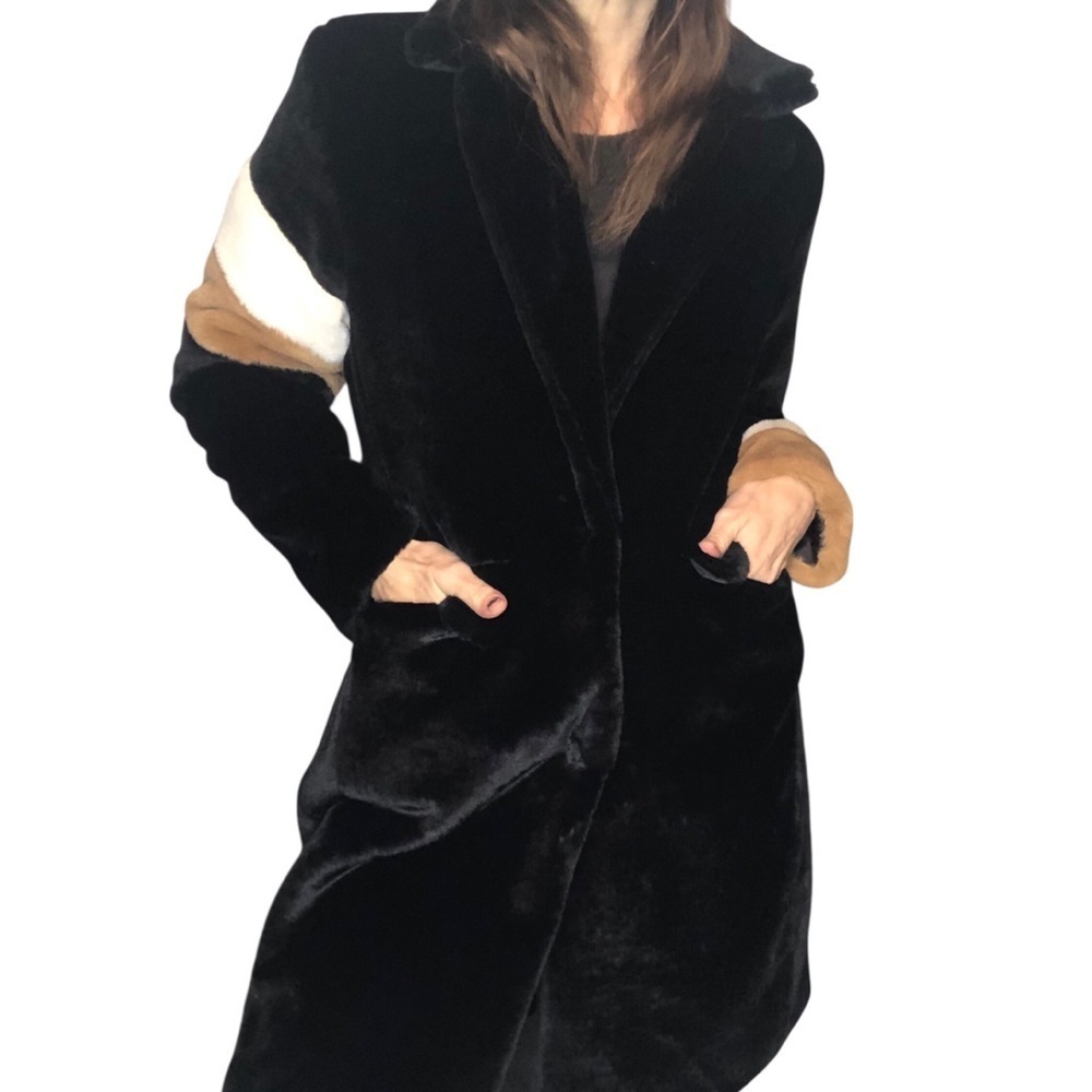 LA Coalition Faux Fur Coat Women Sz M Black Tan Sleeve Stripes Sporty Streetwear